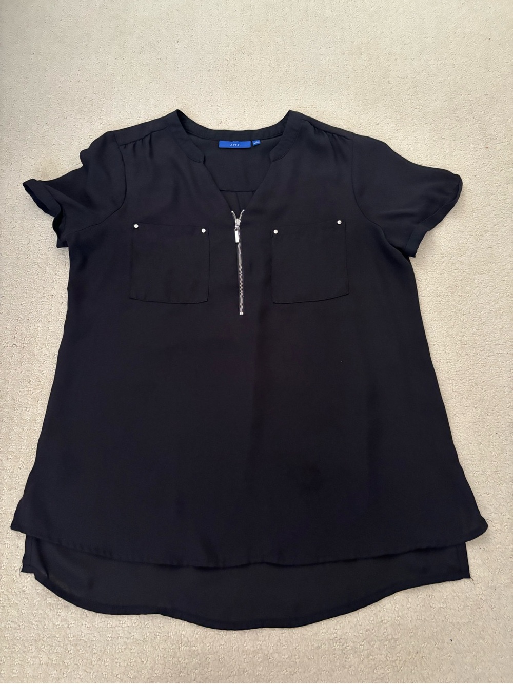 Women’s Apt. 9 Black Short-Sleeve Zip Front V-neck Blouse - Cuff Sleeve Sheer